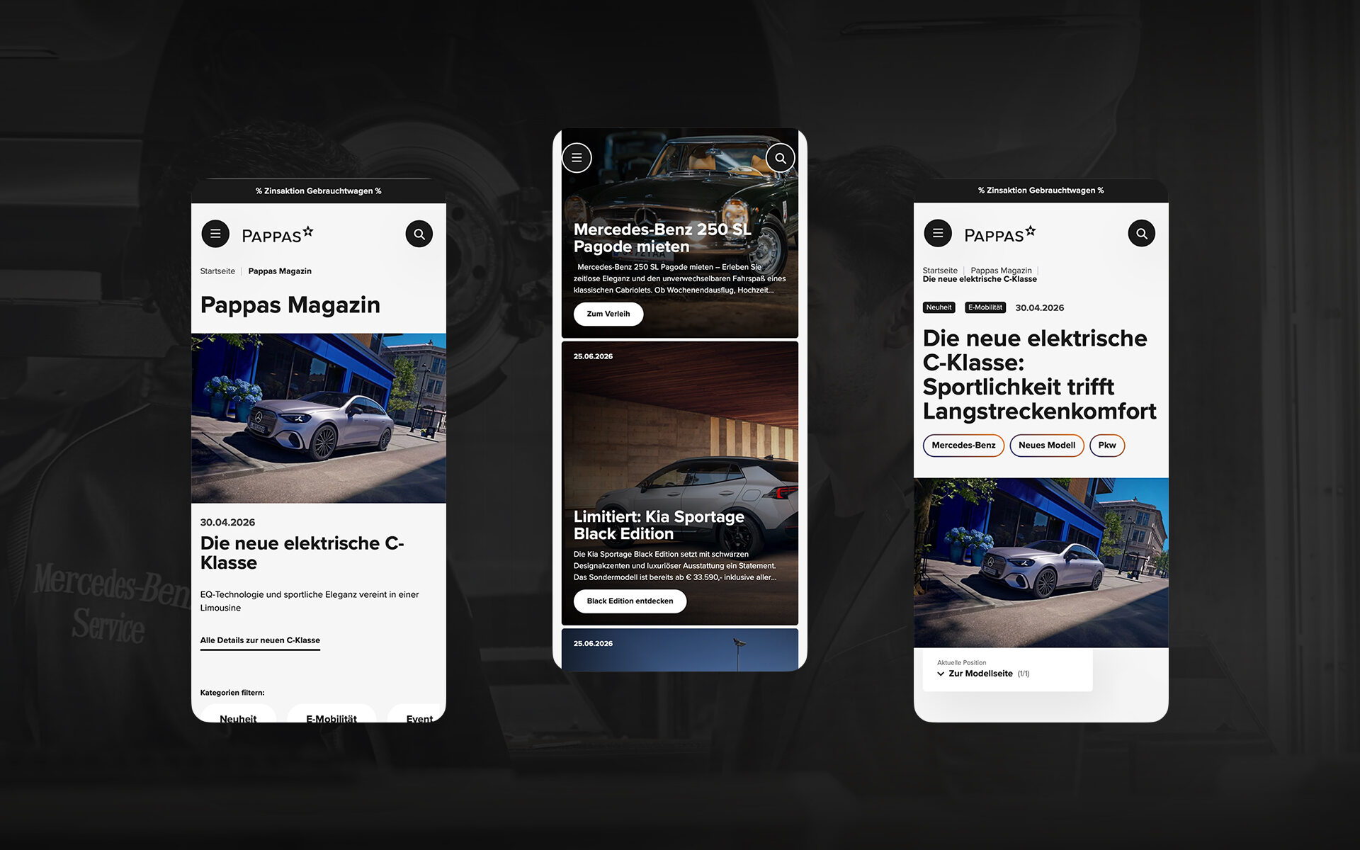 Drei Screenshots der Pappas Website am Handy