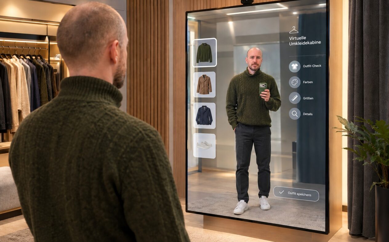 Eine männliche Person in einem Retail-Store probiert mit KI in der Filiale vor einem Smart Mirror unterschiedliche Outfits an.