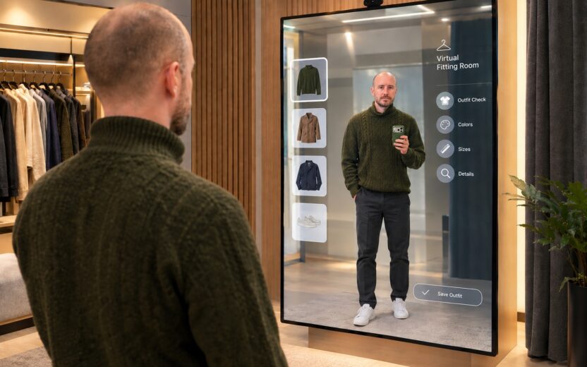 A man in a retail store is trying on different outfits in front of a smart mirror, using AI.