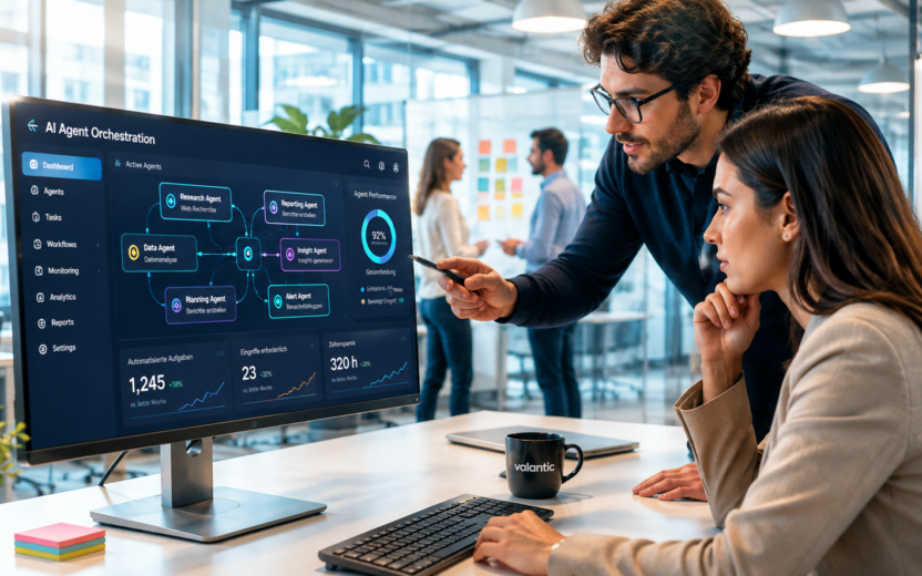 Ein Mann erklärt einer Frau anhand eines Dashboards auf einem Monitor, wie ein KI-Agent gesteuert und überwacht wird. Das Dashboard zeigt übersichtlich relevante Agent-Aktivitäten, Entscheidungen und Kontrollmechanismen. | Agent Steering