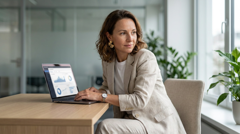 Geschäftsfrau im beigen Anzug arbeitet am Laptop mit Datencharts im modernen Büro