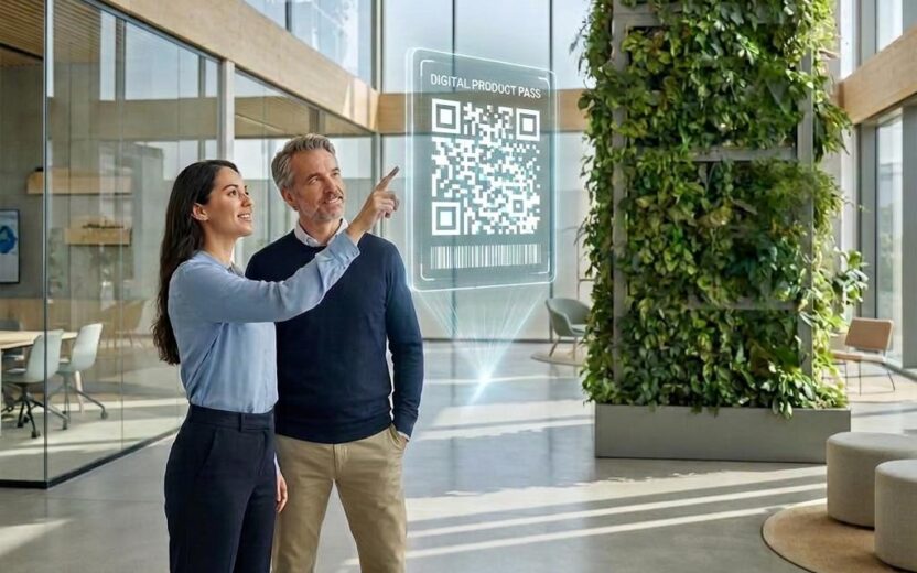 Eine Frau und ein Mann stehen in einem modernen, hellen Büro mit großer begrünter Wand. Die Frau zeigt auf eine digitale Einblendung mit der Aufschrift „Digital Product Pass“, QR-Code und Barcode.