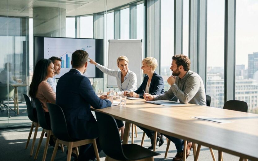 Sechs Personen sitzen in einem modernen Konferenzraum an einem großen Tisch und diskutieren gemeinsam. Eine Frau zeigt auf ein Diagramm auf einem Bildschirm im Hintergrund. Durch die großen Fenster ist eine Stadtansicht zu sehen. Unten rechts befindet sich der Hinweis „AI Generated“