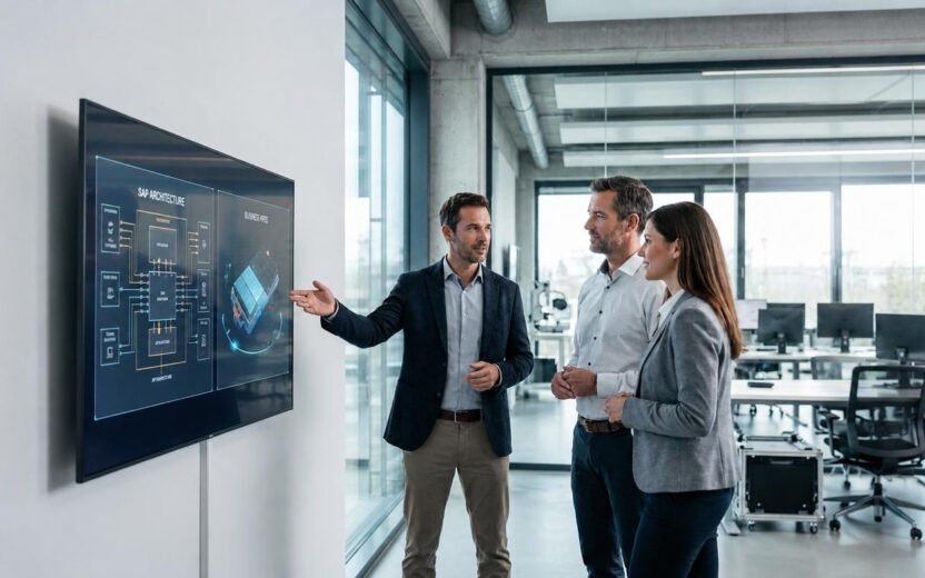 Three people are standing in front of a large screen in a modern office. A man is explaining an SAP architecture displayed on the screen and pointing to a diagram, while the other two people listen attentively. Open workspaces and large windows can be seen in the background.