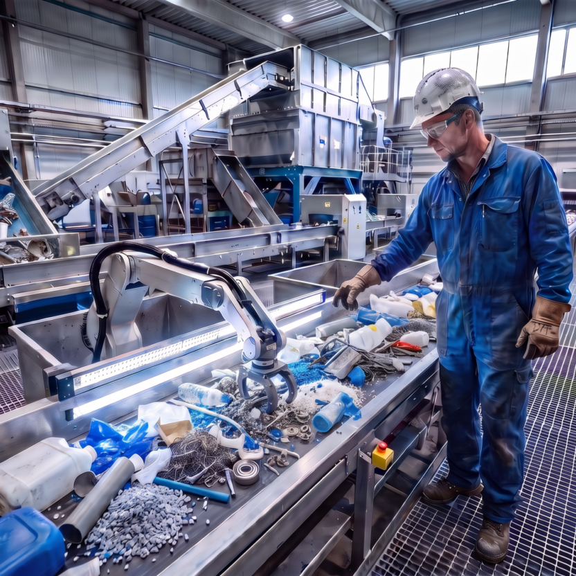Worker in blue coveralls and hard hat monitoring a robotic arm sorting plastic waste on a recycling conveyor belt