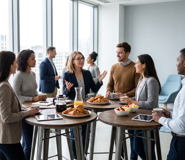 Kolleginnen und Kollegen bei Kaffee, Croissants und Obst an Stehtischen beim Business-Frühstück im hellen, modernen Büro