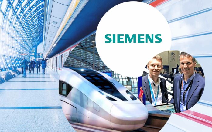 Logo der Siemens AG, daneben Bild von zwei Männern bei einem Event und dahinter Bilder von einem Zug und einem Bahnhof, valantic Siemens digitaler Marktplatz