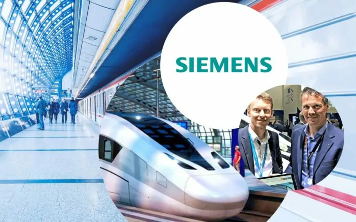 Logo der Siemens AG, daneben Bild von zwei Männern bei einem Event und dahinter Bilder von einem Zug und einem Bahnhof, valantic Siemens digitaler Marktplatz