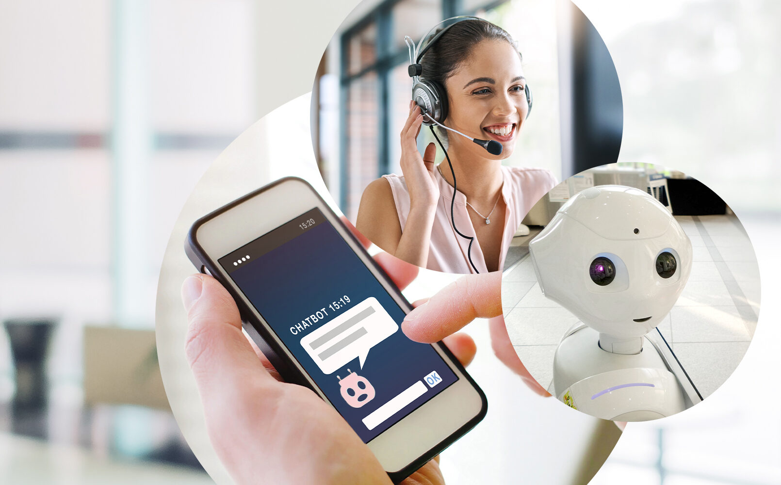 Bild einer Frau mit Headset, daneben ein Bild von einer vernetzten Struktur und dahinter ein Bild von einem Live Chat mit einem Chatbot und ein Bild von einem Roboter, valantic Blog Robotic, Chatbots und Konversational AI
