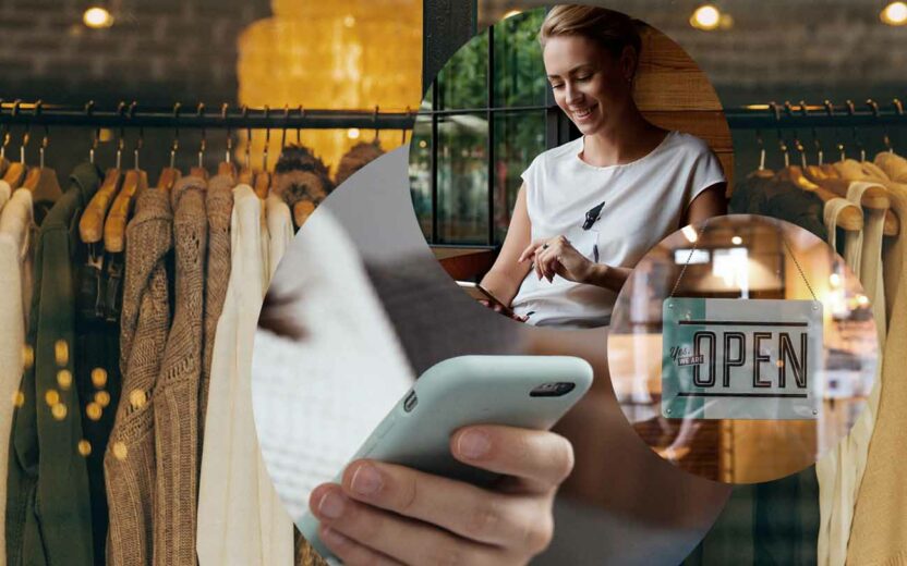 Bild einer Frau die über ihr Smartphone online shoppt, daneben ein Bild von einem Schild mit der Aufschrift "Open" und dahinter ein Bild von einem Smartphone und von Kleidung, valantic Mobile Commerce