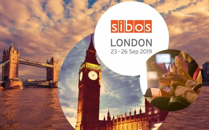 Logo of SIBOS, next to it a picture of applauding people and behind it city views of London, valantic at SIBOS in London