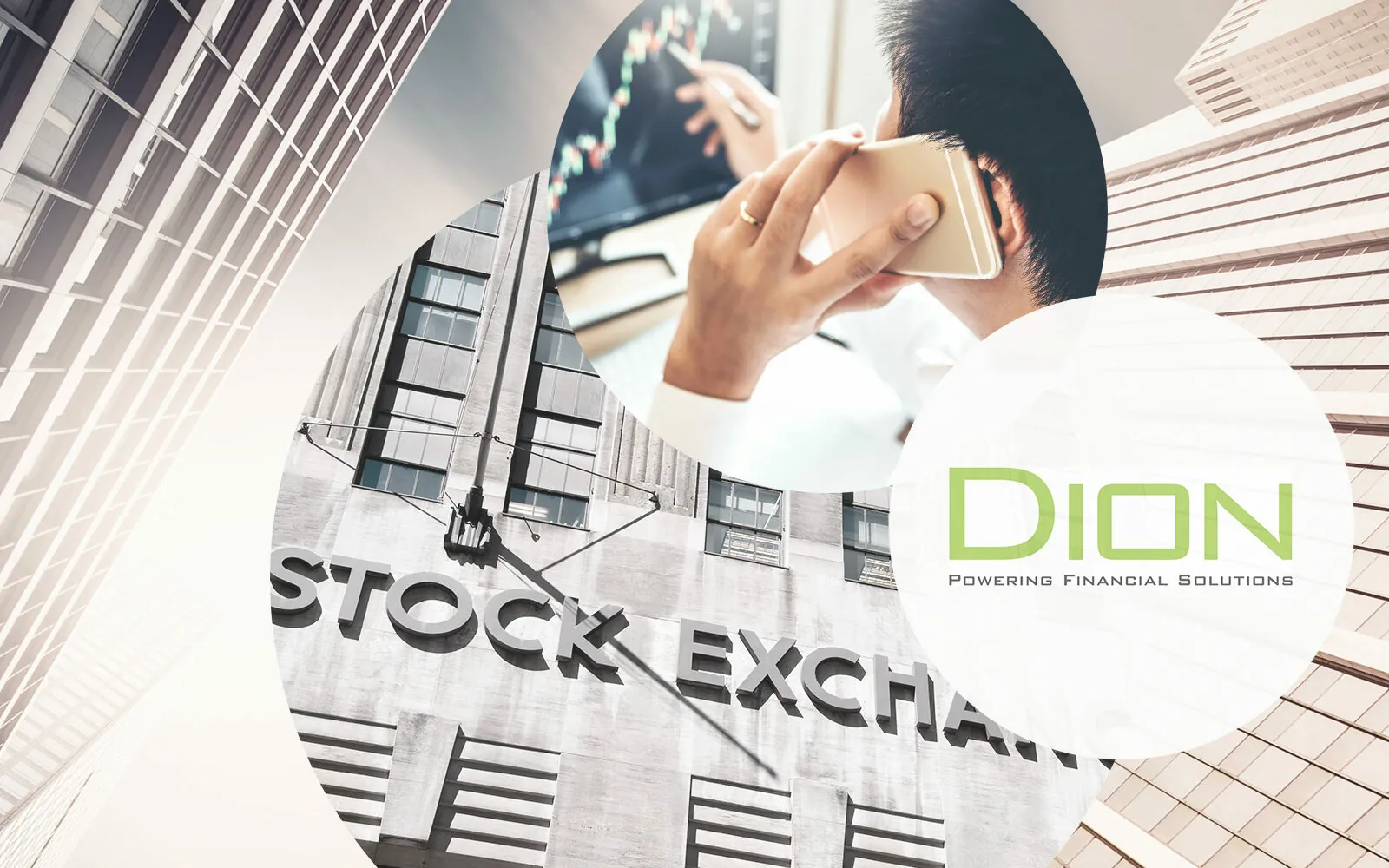 Dion logo, next to it a picture of a walking man with a smartphone in his hand and behind it pictures of a building and a city, Dion Global Solutions GmbH becomes part of valantic group