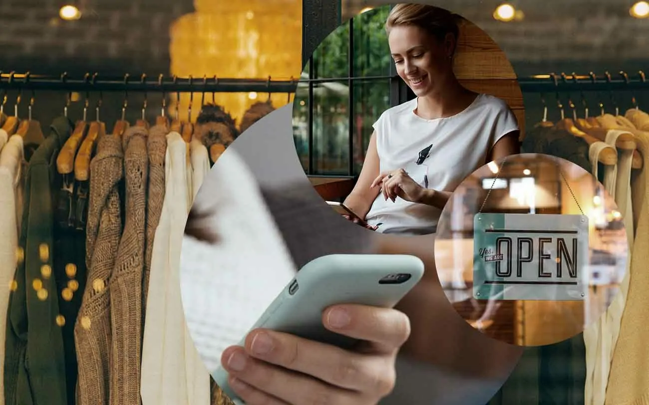 Picture of a woman shopping online with her smartphone, next to it a picture of a sign saying "Open" and behind it a picture of a smartphone and clothes, valantic mobile commerce