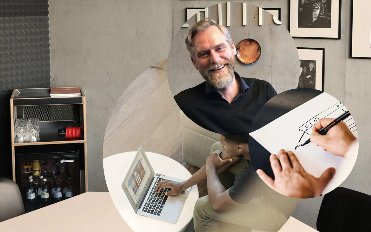 Bild eines Laptops, einer Skizze sowie von Artur Richter, Design Director bei valantic Customer Experience & Commerce
