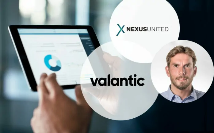 Image of a tablet pc, the valantic company logo, the NEXUS UNITED company logo and Tim Wedler, Managing Director of the NEXUS Netsoft group, interview with Tim Wedler