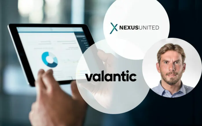 Bild eines Tablets, davor das valantic Logo, das NEXUS UNITED Logo und ein Porträt von Tim Wedler, Geschäftsführer der NEXUS Netsoft Gruppe, Interview mit Tim Wedler
