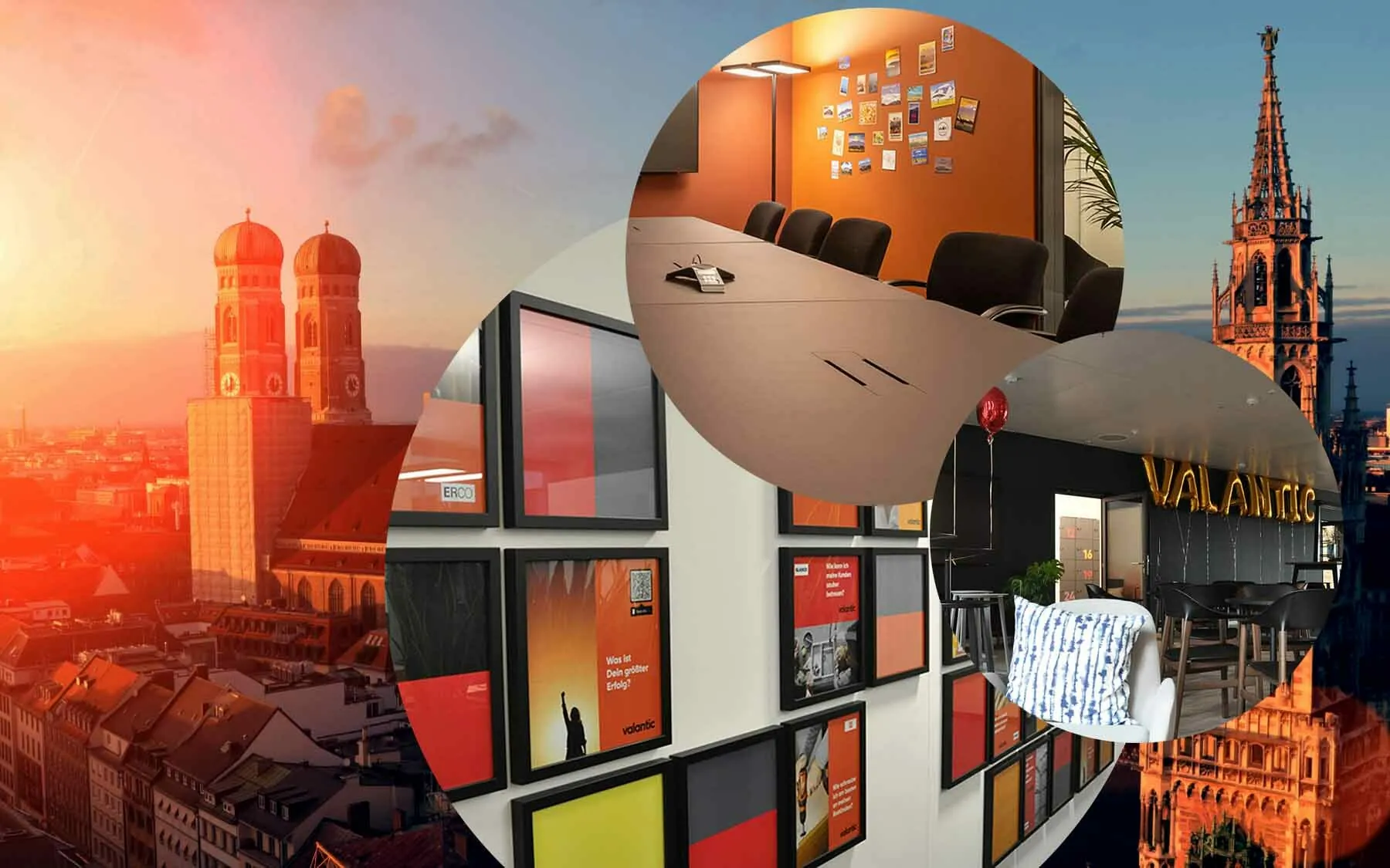 Bild von einem Besprechungsraum, daneben Bild von einem Aufenthaltsraum und dahinter Bild von einer Bilderwand und Bild von einer Stadtansicht von München, Niederlassung der valantic Supply Chain Excellence in München