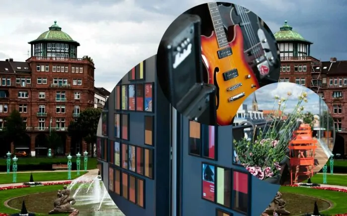 Bild von einer Gitarre, daneben Bild von einer Terrasse und dahinter ein Bild von einer Bilderwand und eine Stadtansicht von Mannheim, Niederlassung der valantic Customer Engagement & Commerce in Mannheim