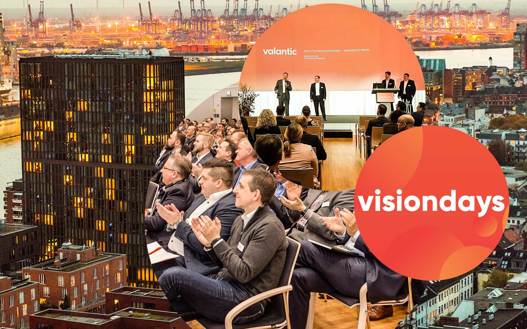 Picture of several people on a stage, next to it a picture with the inscription "visionsdays" and behind it a picture of an applauding audience and a picture with a city view of Hamburg, valantic visiondays 2020 Hamburg