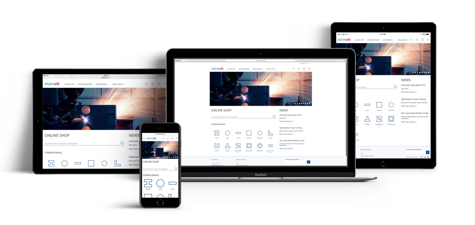 Bild dreier Devices mit der neuen E-Business Plattform von stürmfsf