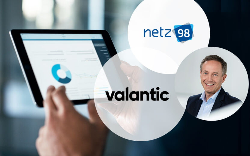 Image of a tablet, the valantic company logo, the netz98 company logo and Tim Hahn, Managing Director of netz98 - a valantic company