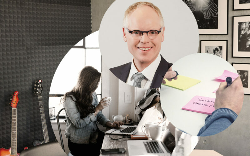 Image of a woman on a laptop, sticky notes and Christoph Resch, Managing Director at valantic Customer Engagement and Commerce Germany