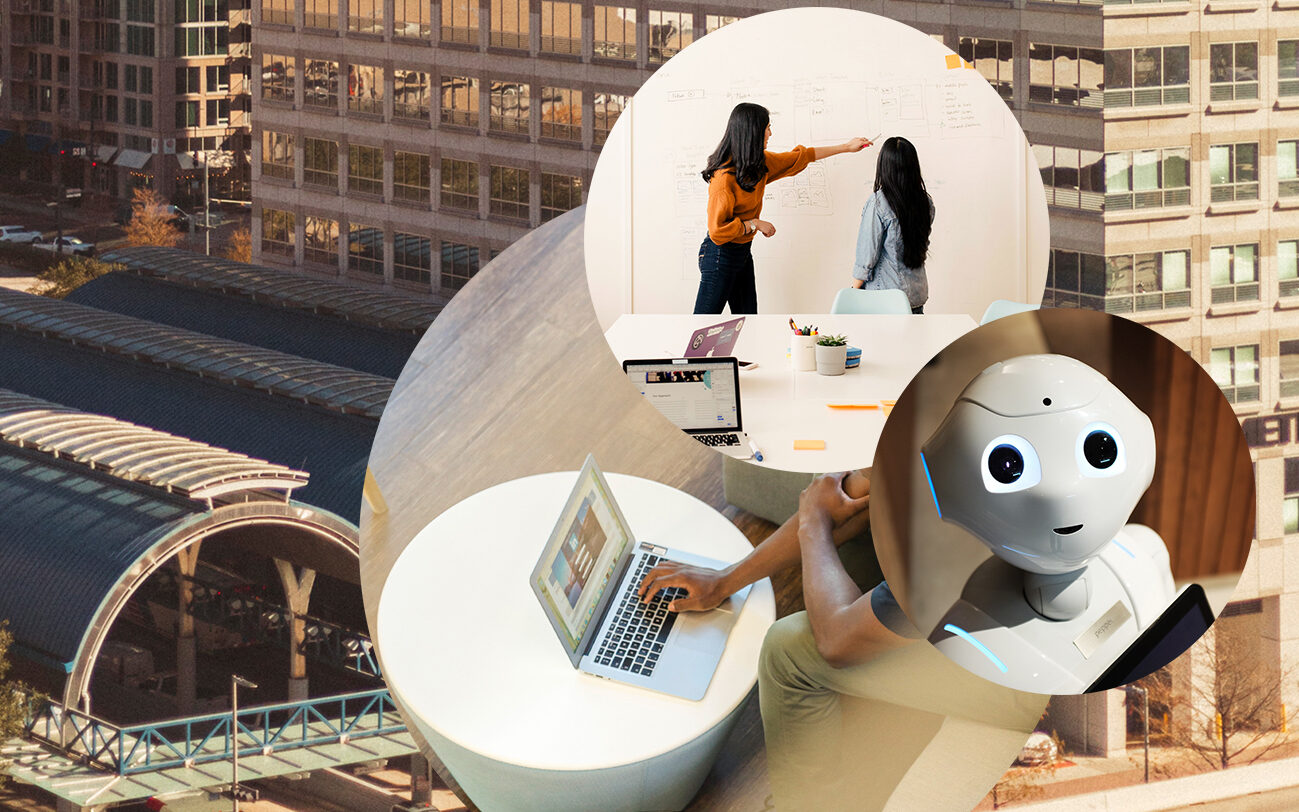 Bild von zwei Frauen vor einem Whiteboard, daneben ein Bild von einem Roboter und dahinter ein Bild von einem Laptop und ein Bild von einem Gebäude, Data-Science-Vorgehensmodell valantic und Nordakademie