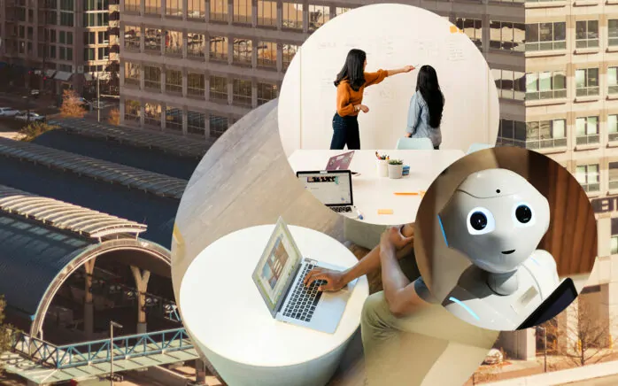 Bild von zwei Frauen vor einem Whiteboard, daneben ein Bild von einem Roboter und dahinter ein Bild von einem Laptop und ein Bild von einem Gebäude, Data-Science-Vorgehensmodell valantic und Nordakademie