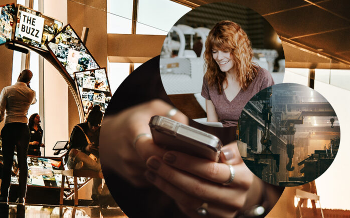 Bild eines Handys, einer lachenden Frau, sowie einer Lagerhalle, valantic Customer Relationship Management