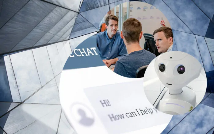Bild eines Roboters, einer Gruppe von diskutierenden Menschen, ein Chatfenster eines Chatbots