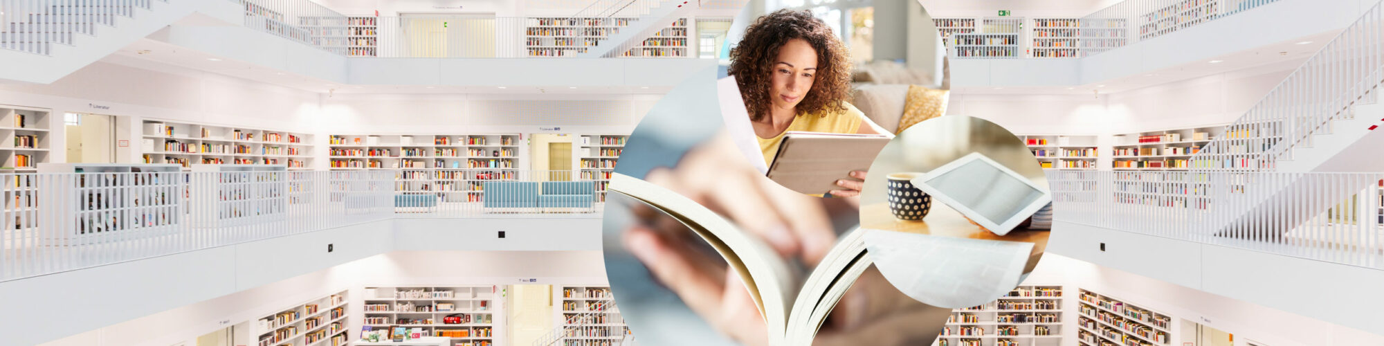 Bild von einer lesenden Frau, daneben ein Bild von einem Tablet und dahinter Bilder von einem Buch und einer Bibliothek, valantic Download Center