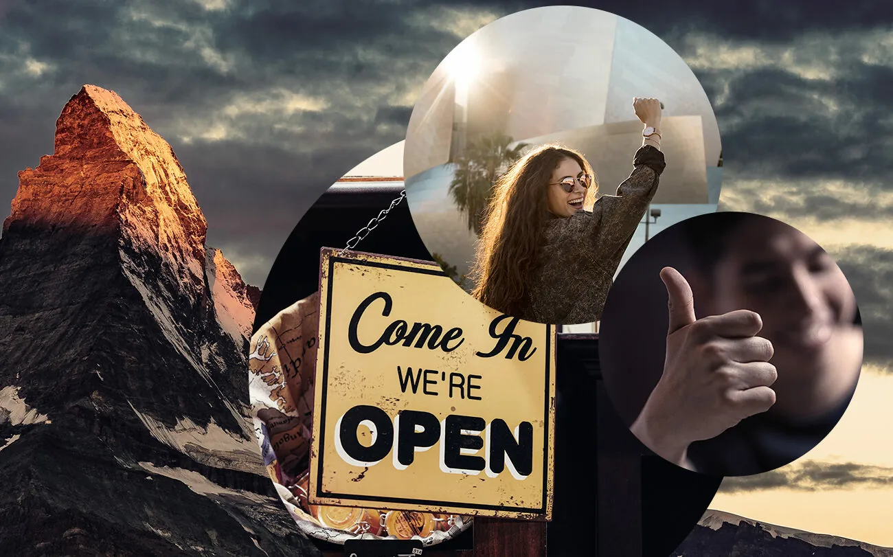Bild einer glücklichen Frau, daneben ein Bild von einem Daumen nach oben und dahinter ein Bild von einem Schild mit der Aufschrift "Come in we're open" und ein Bild von Bergen, valantic Blogbeitrag Peak-End-Rule
