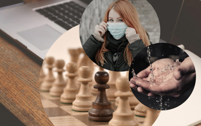 Image of a chessboard, a woman wearing a protective mask, hands being washed and a laptop