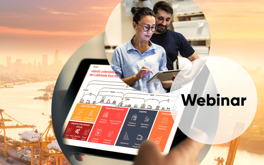 Image of two people in a warehouse, including the image of a tablet, in the background an industrial port with containers and cranes, valantic Supply Chain Management & Logistics, Event category Webinar