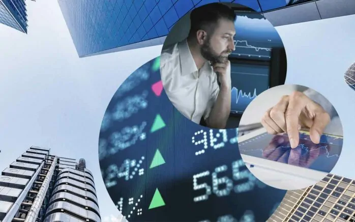 Picture of a man in front of some screens, next to it a picture of a tablet with an open graphic and behind it pictures of stock prices and of buildings, valantic Financial Service Automation and Digitalisation in the Finance Industry in London