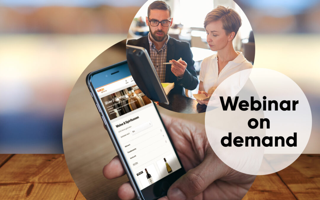 Bild von zwei Personen die etwas besprechen, daneben ein Bild mit der Aufschrift "Webinar on demand" und dahinter ein Bild von einem Smartphone, valantic Webinar on demand im Bereich Customer Experience