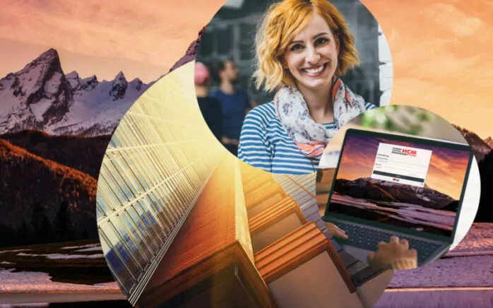 Image of a smiling woman, computer screen SAP HCM, mountains in the background