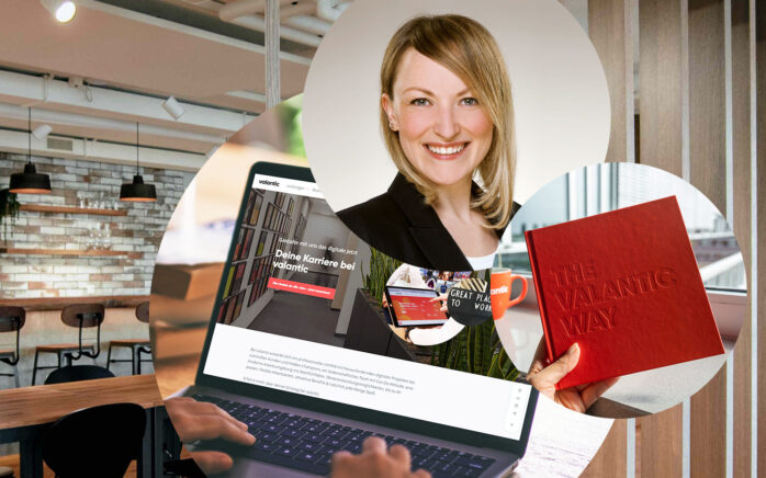 Picture of a smiling young woman, next to it a book with the inscription "The valantic way" and behind it a picture of a valantic office, Career at valantic