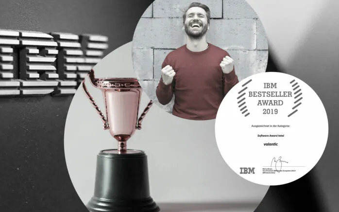 Bild eines Mannes, der sich freut, daneben ein Bild von der Urkunde des IBM Bestseller Awards 2019, dahinter ein Bild von einem Pokal und das IBM Logo, IBM Besteller Award valantic