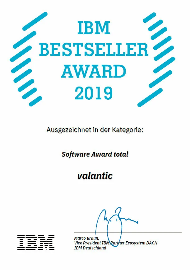 valantic Urkunde IBM Bestseller Award 2019