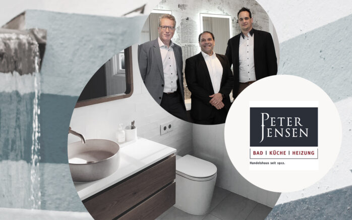 Bild von drei Personen, daneben das Peter Jensen Logo und dahinter Bilder von ein Badezimmer, valantic Case Study Peter Jensen IBM Cognos Business Analytics