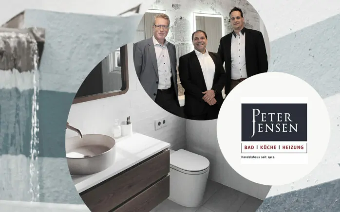Bild von drei Personen, daneben das Peter Jensen Logo und dahinter Bilder von ein Badezimmer, valantic Case Study Peter Jensen IBM Cognos Business Analytics