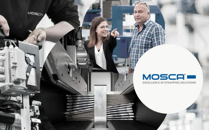 Bild von zwei Personen, daneben das Mosca Logo und dahinter Bilder von Maschinen, valantic Case Study Mosca