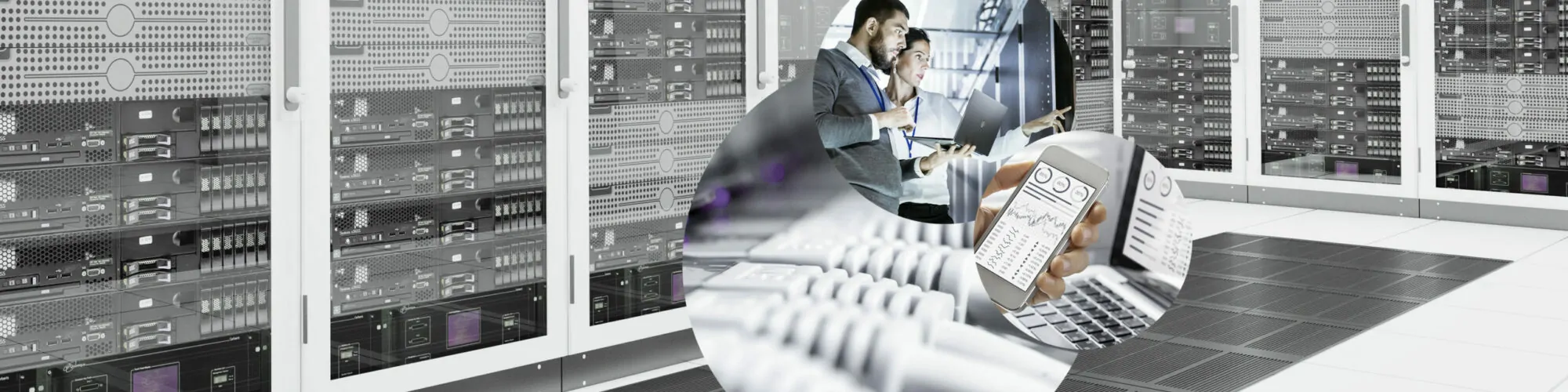Bild eines Rechenzentrums, strukturierter Verkabelung, ein Laptop und ein Handy sowie zwei Personen, die mit einem Laptop in einem Rechenzentrum stehen | Business Analytics Beratung