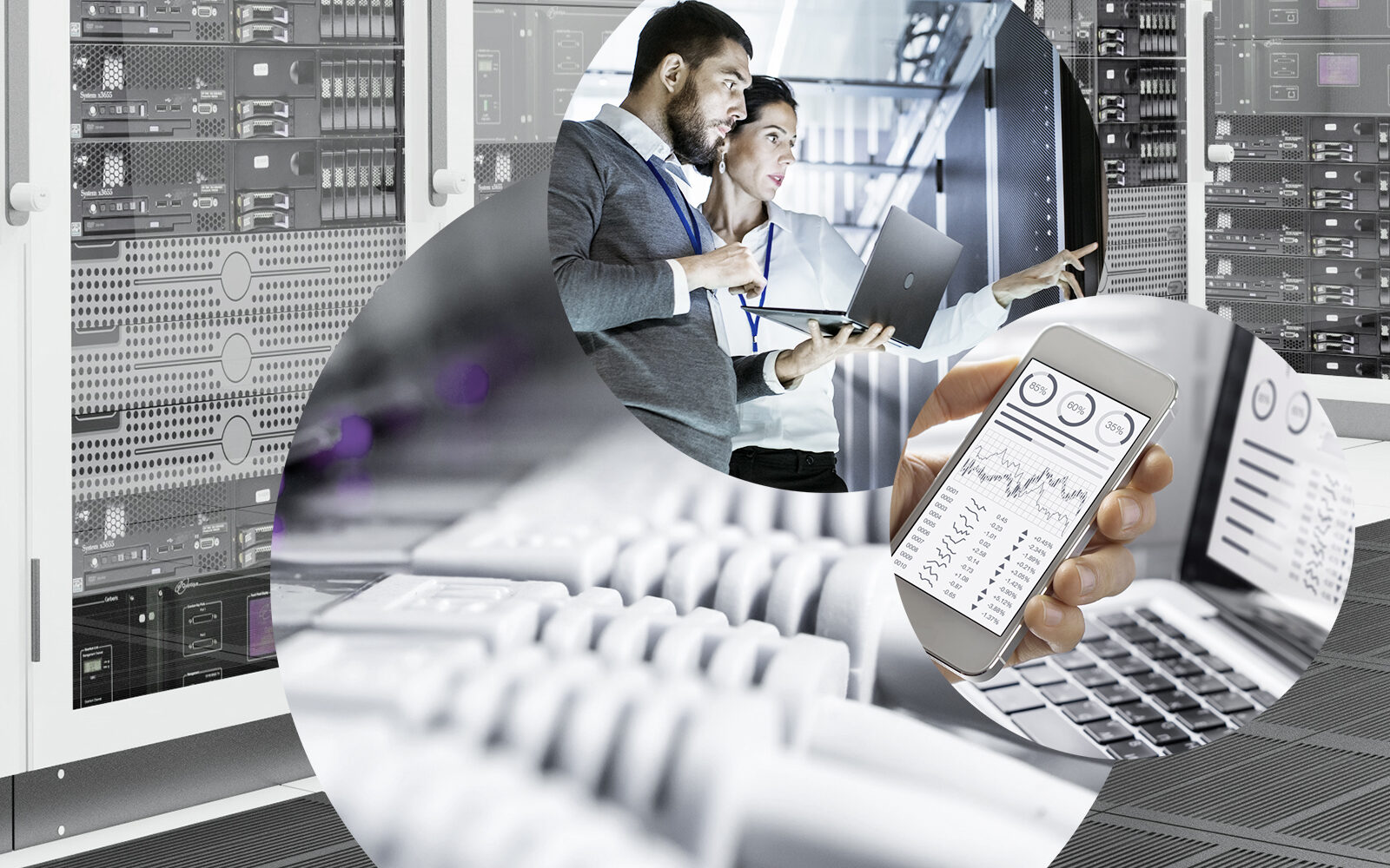 Bild einer frau und eines Mannes vor Großrechnern in einem Rechenzentrum, Kabel und ein Business Analytics Dashboard auf einem iPhone