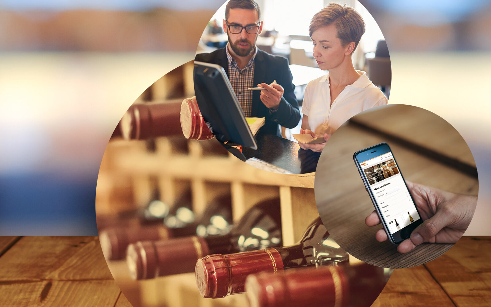 Bild von Weinflaschen in einem Weinregal, einem Handy, auf dem ein Onlineshop geöffnet ist sowie von zwei Personen in einem Beratungsgespräch, valantic Customer Experience (CX)