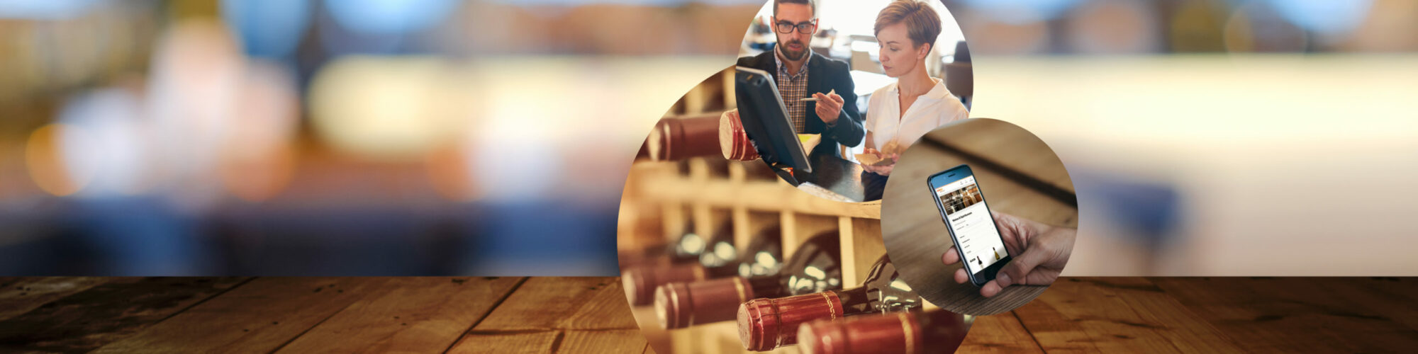 Bild von zwei Personen in einem Beratungsgespräch, daneben das Bild von einem Handy, auf dem ein Onlineshop geöffnet ist sowie von Weinflaschen in einem Weinregal, valantic Customer Experience (CX)