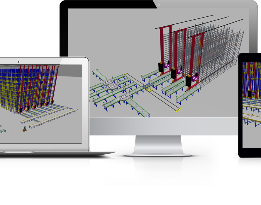 Bild von drei digitalen Geräten mit Screenshots der SAP MFS Software für Materialfluss Automatisierung und Warehouse Automation, valantic