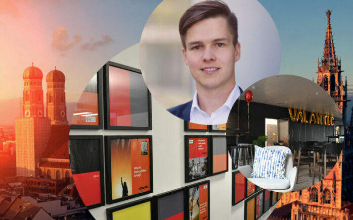 Bild von Christoph Schnitzenbaumer, Senior Consultant SAP TM & EWM bei valantic Supply Chain Excellence, im Hintergrund die Büroräume der valantic SCE in München sowie die Stadtansicht von München