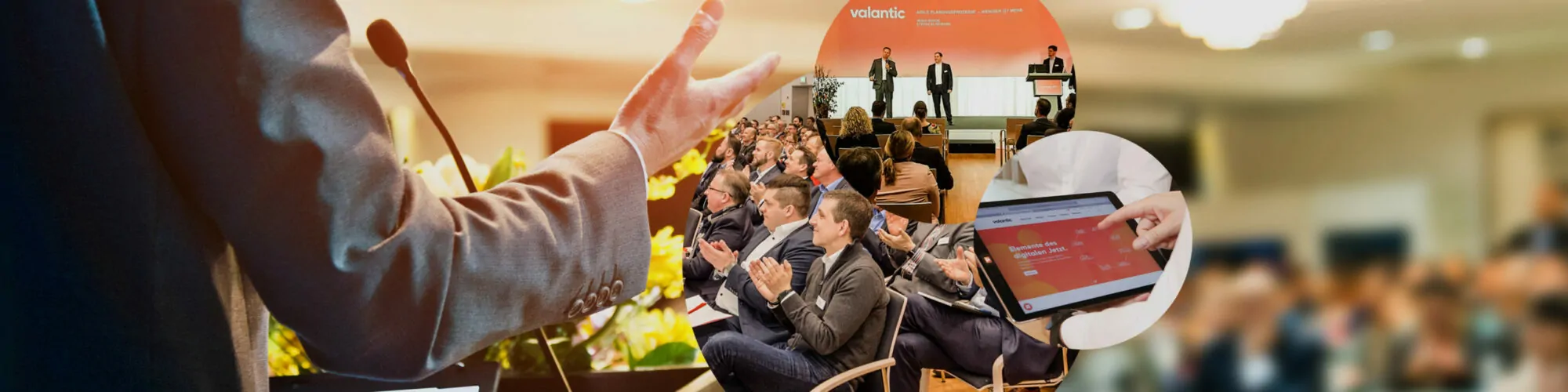 Bild eines Redners vor Publikum, ein klatschendes Publikum auf einem Digitalkongress sowie ein Tablet, auf dem die Homepage von valantic zu sehen ist, valantic Events
